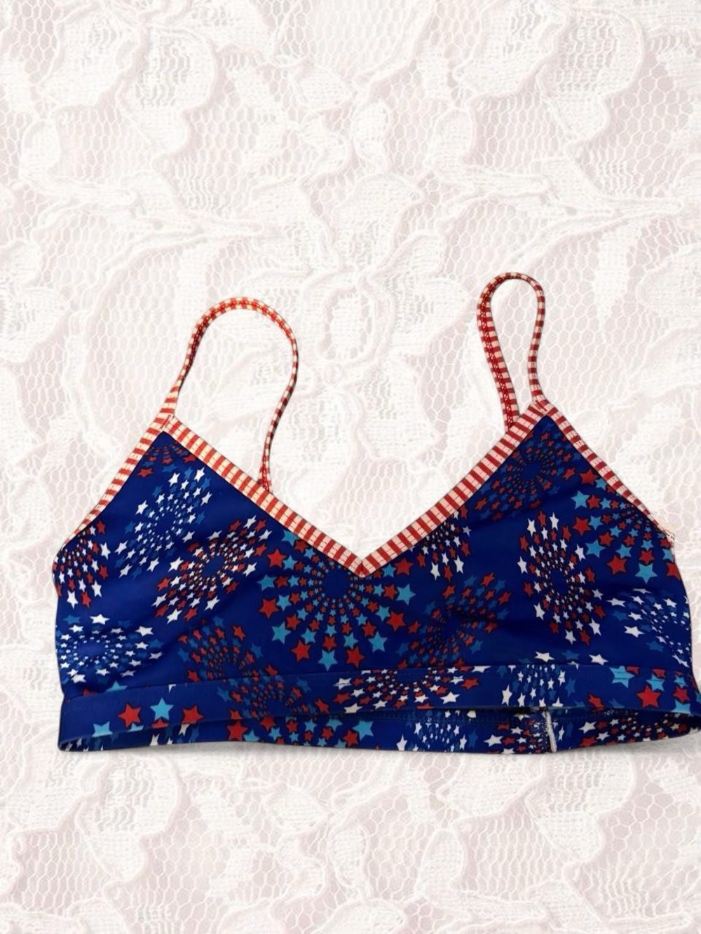 Blue Star-Print Bikini Top with Red Trim